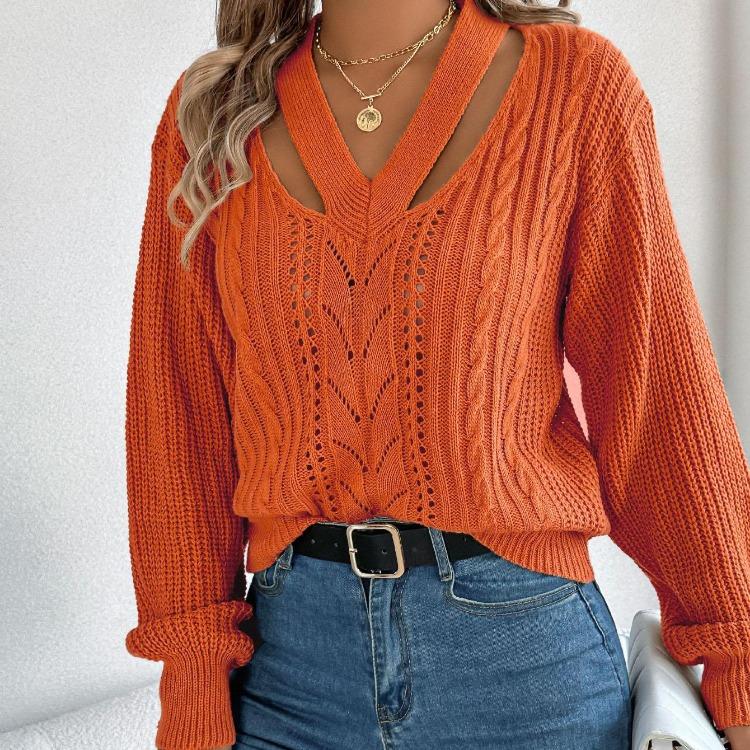 Women Casual Long Sleeve V Neck Knit Sweater for Autumn Winter