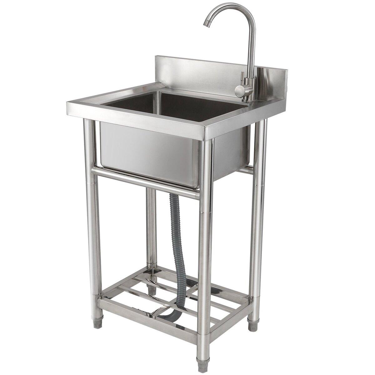 Chiuvetă utilitară din oțel inoxidabil, 1 cuvă, de sine stătătoare, mică, include robinet și picioare, 16 x 13 x 8,7 in, Chiuvete comerciale cu o singură cuvă pentru garaj,
