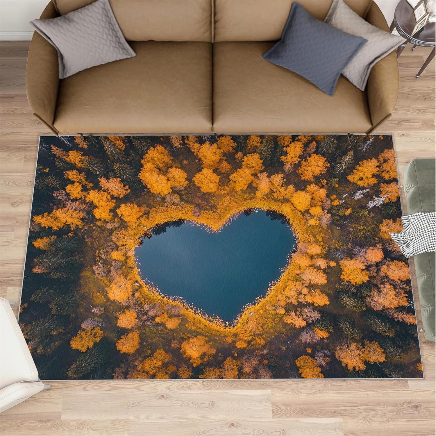 

Heart Shaped Lake Living Room Carpet Natural Scenery Home Decor Non-Slip Rug Romantic Nature Theme Mat for Bedroom Kitchen 40x60cm