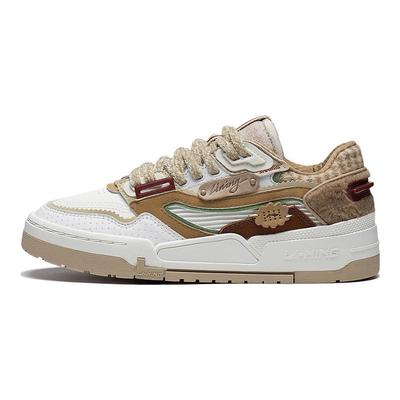 Li Ning 001 BTC PRM Cuir Synthétique Résistant à l'Usure Respirant Baskets Basses Baskets pour Femmes Blanc Marron AGCT004-2
