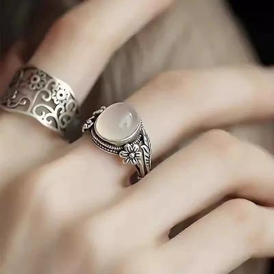 Retro Ethnic Style Floral Hollow Ring Women's Silver Natural Stone Simple Artistic High-end Flower Opening Ring Daily Matching