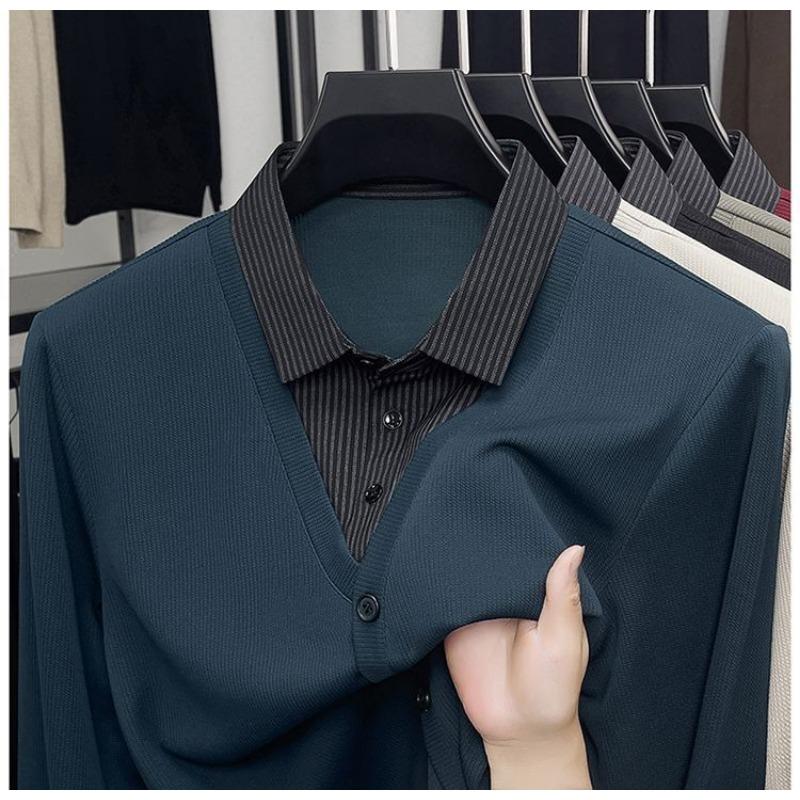 Men S Fake Two Piece Knit Sweater Shirt Collar Business Autumn Top