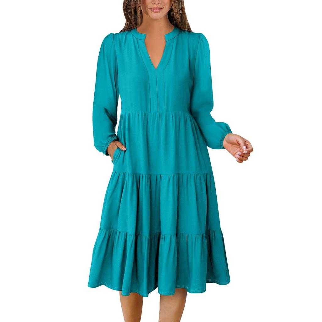Women's V-Neck Flowing Layered Bohemian Long-sleeved Solid Colour Dress