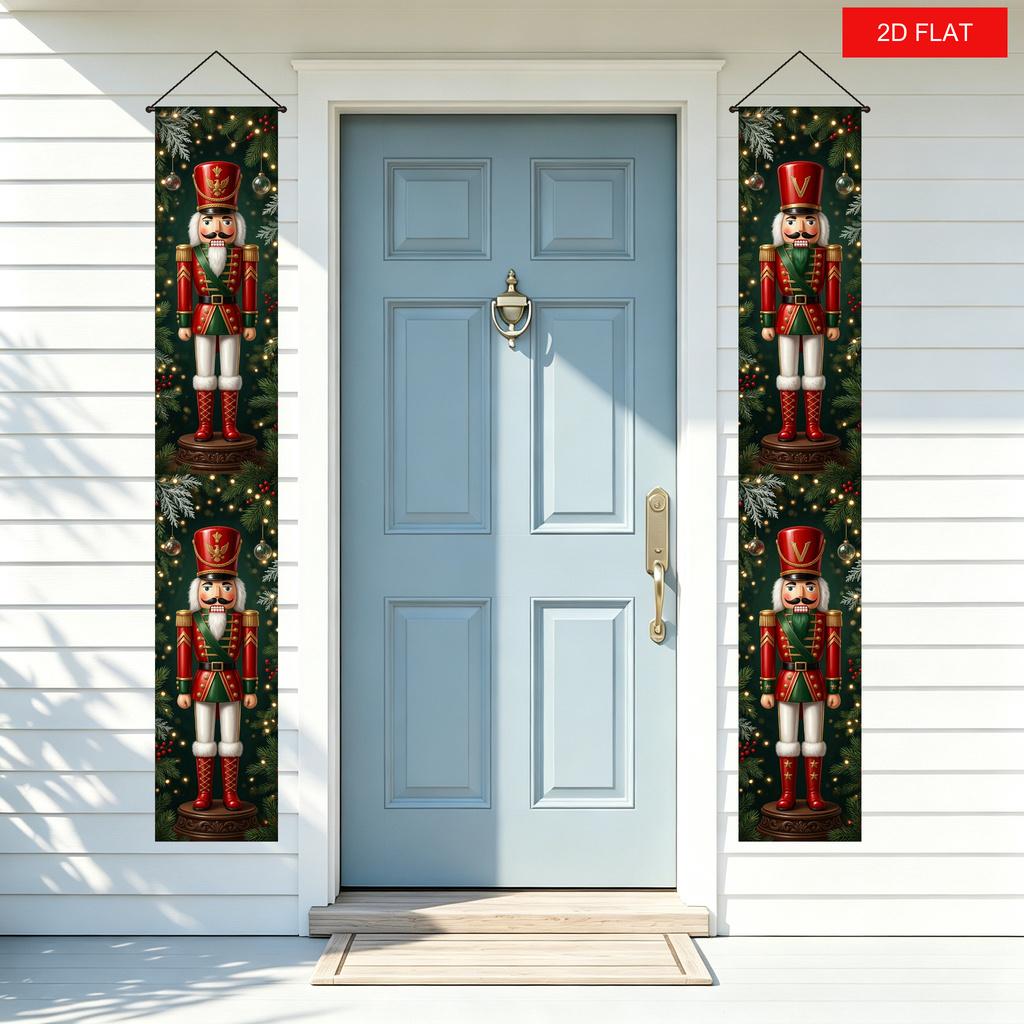 2D Flat, 2D Door Banner 2D Flat, 2D Door Banner 2D Flat Banner, 2pcs Christmas Nutcracker Soldier Door Curtain Door Panel, Red Uniform Top Hat Snowfla