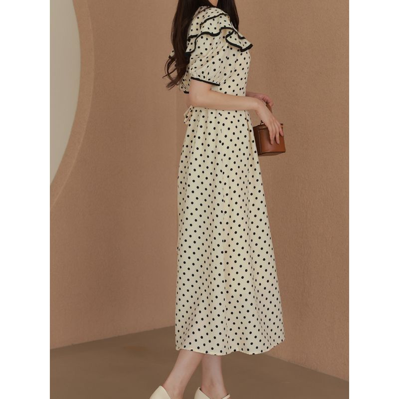 

Summer New Arrival Plus Size Women s Clothing Loose Slim Looking High Waist Polka Dot Short Sleeve Ruffles Collar Dress Self-Tie Dress Flower color 4XL