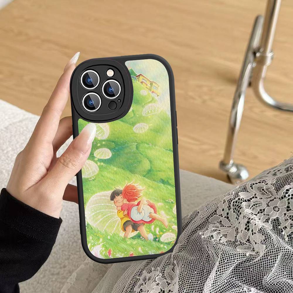 

Cute P-Ponyo Movie On The Cliff Leather Phone Case For IPhone 16 15 14 13 12 11 Pro Max Plus Shockproof Cover iPhone 16 plus