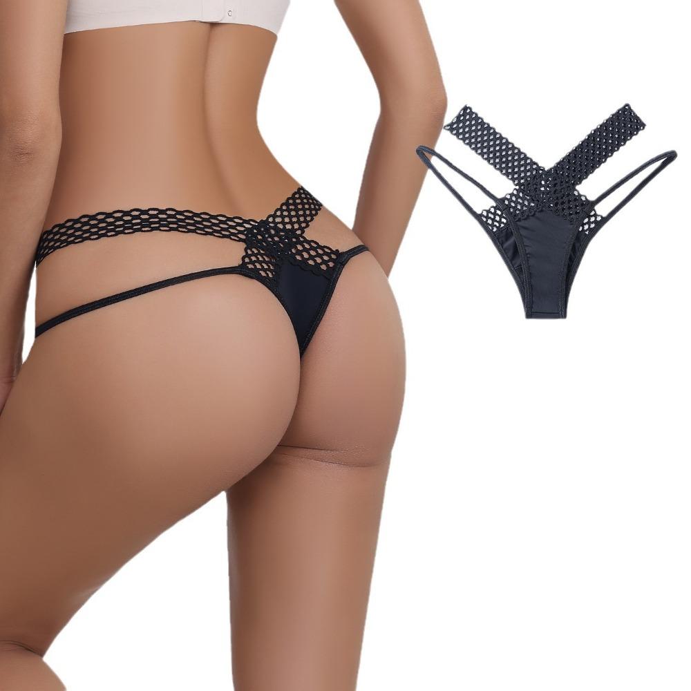 European and American Interwoven Hollow Ice Silk Underwear Women's Sports Fashion Outer See-through Low Waist Thin Belt Temptation Sexy Thong