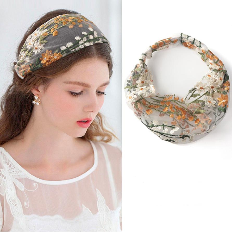 

Женские этнические повязки на голову Эластичные вышитые кружевные повязки на голову с цветами Широкая шифоновая повязка на голову для женщин Перекрещенные аксессуары для волос