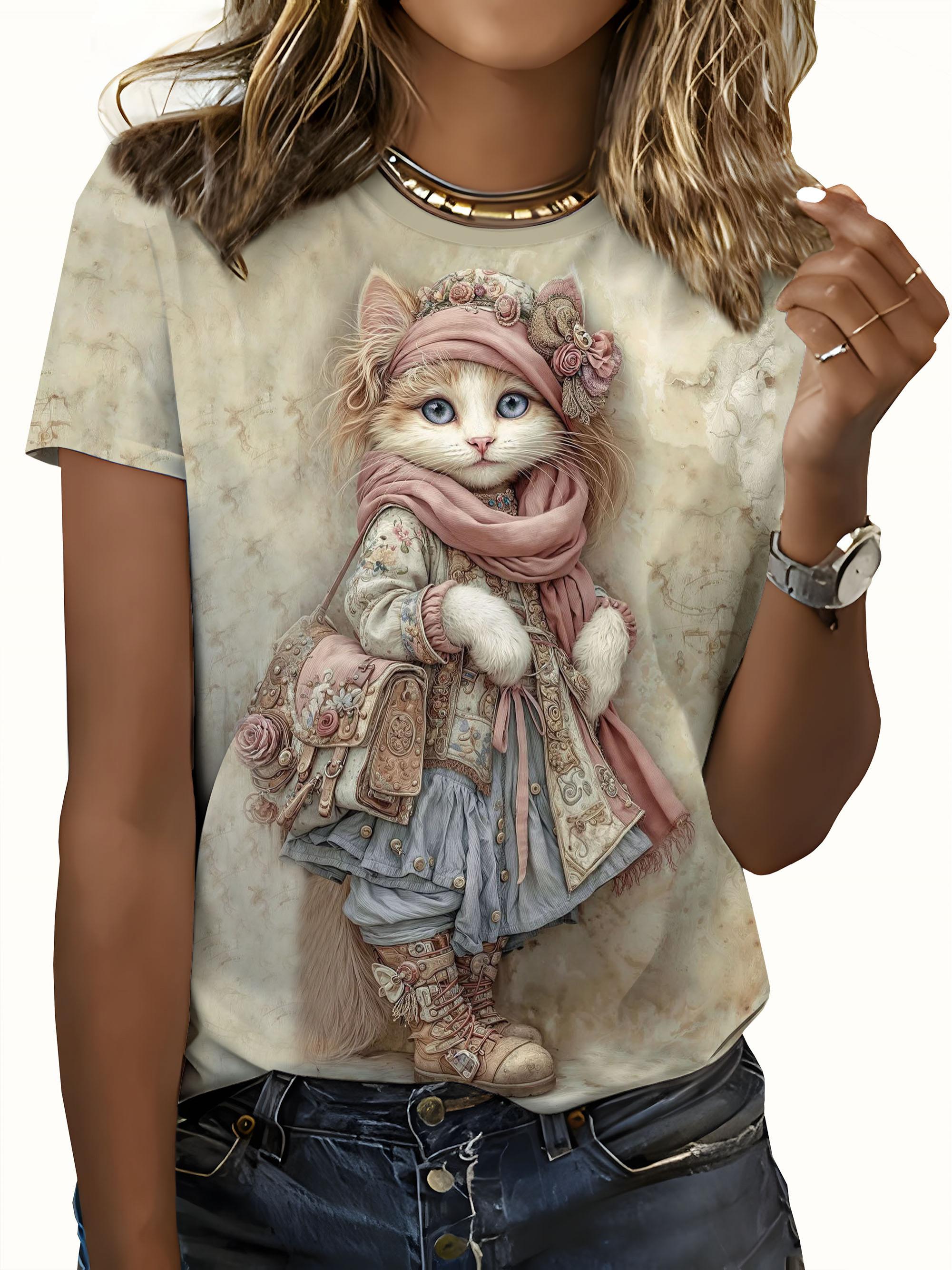 

Digital Print - No Texture Women s Vintage Base Pattern Short Sleeve Dress A Dress with a Cute Cat Wearing a Pink Scarf and a Crossbody Floral Bag. Fe L дубильна кора