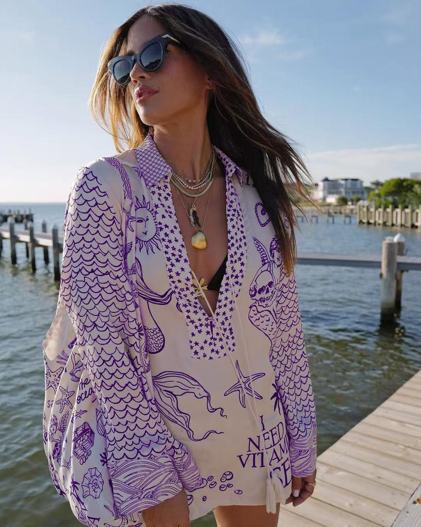 Kimono de Manga Larga con Cuello en V Holgado para Mujer, Cubre Traje de Playa con Estampado Tropical