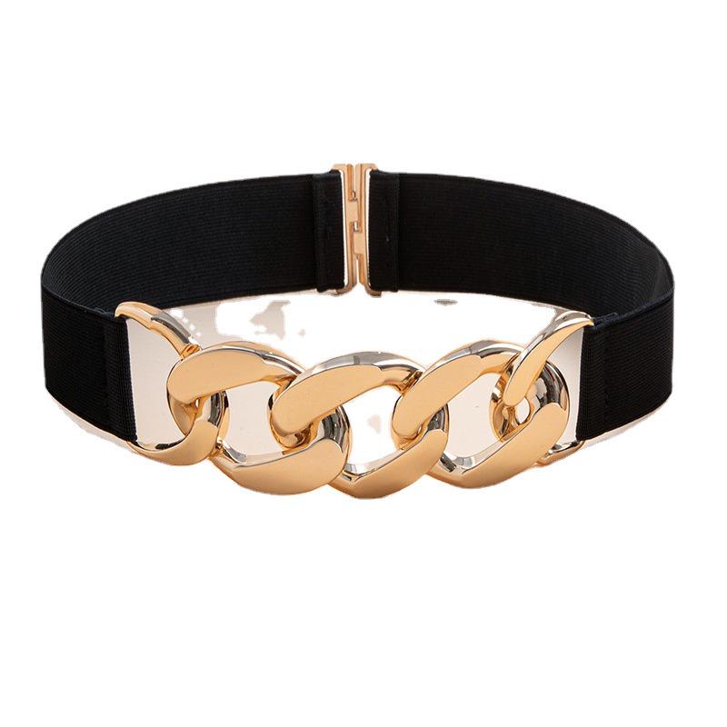 Women's Elastic Metal Chain Waist Cincher Belt - Slimming Stretch with Leather Accents, Black Canvas.
