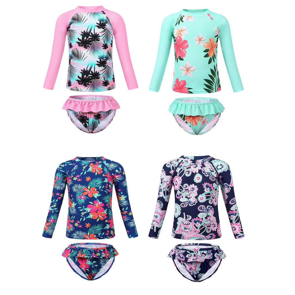 Tropical Plant Print Girls' Long-Sleeved Swimsuit Set with Ruffle Bottoms - Quick-Dry & Sun Protection