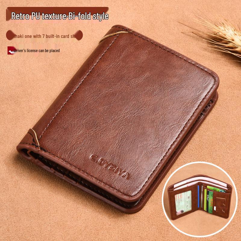 Men's Cross-Border Slim Tri-Fold Leather Wallet with ID and Card Holder