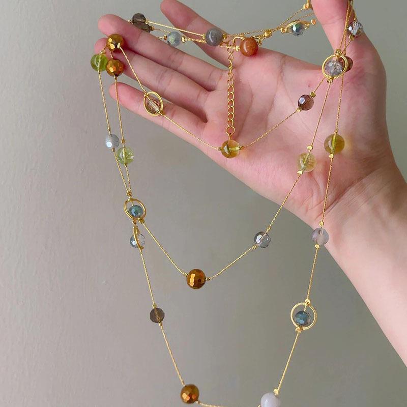 Chic Stone Glass Beaded Layered Necklace: High-End Sweater Chain Design for Women