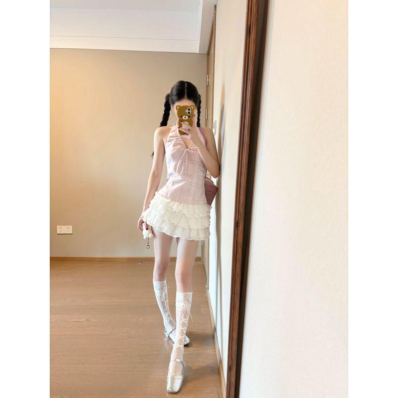 Kumikumi Gyaru Style Pink Stripe Lace-up Temperament Halter Top Women Summer Waist Hugging Slimming Sexy Top