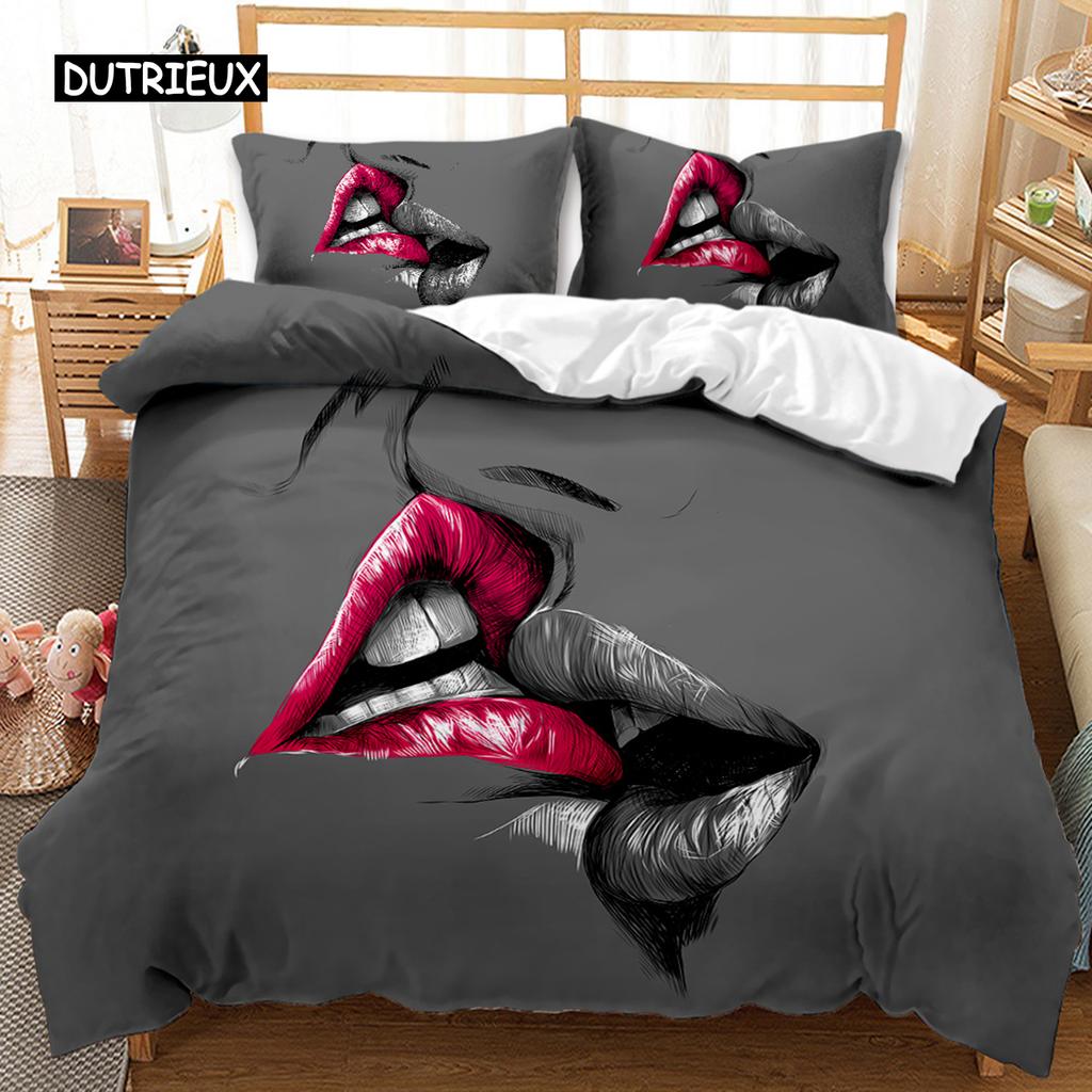 Red Lip Duvet Cover Set Red Lip Lipstick Sexy Adult Couple Comforter Cover Valentine's Day Gift for Lover Polyester Qulit Cover