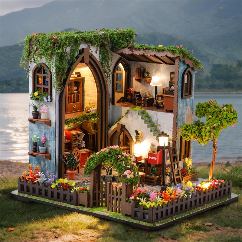 DIY 3D Wooden Puzzle Garden Pavilion Cottage Miniature Model Kits With Furniture Casa Dollhouse for Adults Kids Gifts