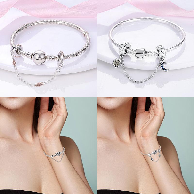 Original 100% 925 Silver Star Moon Safety Chain Fit 925 Original Bracelet & 3mm Bracelet DIY Jewelry Making Women Gift