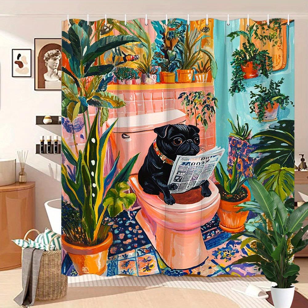 1pc Whimsical Black Pug Shower Curtain - Pink Background, Tropical Jungle Plants, Polyester, 70.8x70.8In, 12 Hooks, Washable