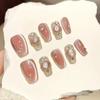 10pcs/set Handmade Wearable Nail Tips Pink Crystal Cat's Eye Flashing Nail Art