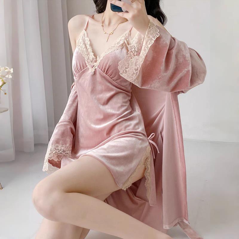 Velvet Lace Slit Nightgown & Robe Set with Spaghetti Straps and Built-in Pads for Autumn/Winter.