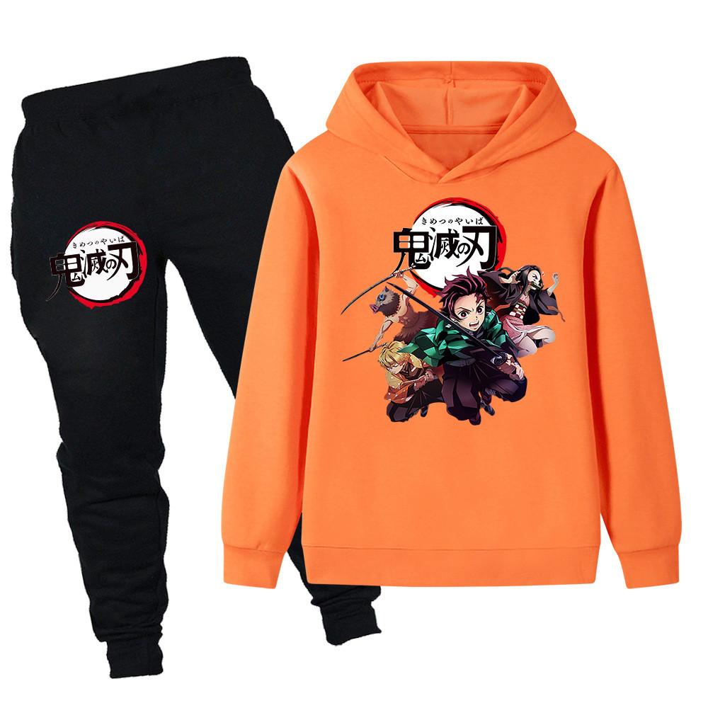 PB095 Kids Boys Girls Kimetsu No Yaiba Print Long Sleeves Hoodie Pants Trousers Clothes Sets