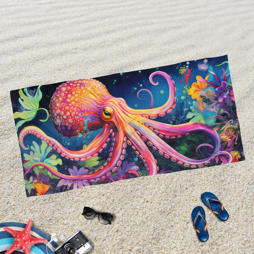 Oktopus Strandtuch, Buntes Meeresbewohner Ozean Design, Weiches Schnelltrocknendes Handtuch für Strand Pool Urlaub