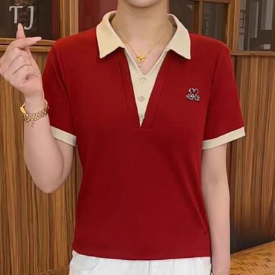 New Summer Short-sleeved Women's T-shirt Temperament Contrasting Shirt for Women Casual and Versatile Slim Top for Women