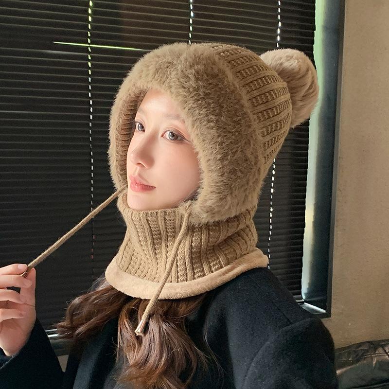 Winter Plush Knitted Hat Women's Mask Scarf Integrated Outdoor Cycling Plush Warm Ear Protection Hat Cold-proof Ski Hat
