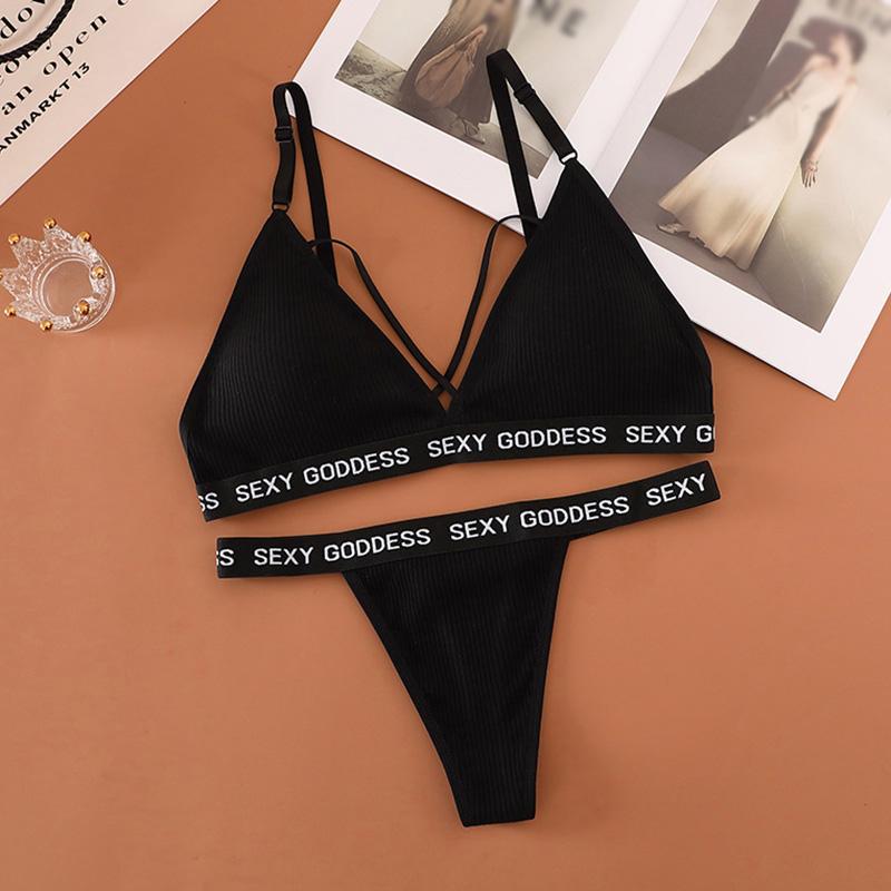 Women's Sexy Threaded Bra Set French Style Triangle Cup Adjustable Bralette With Thong Two-Piece Charming Underwear Suit