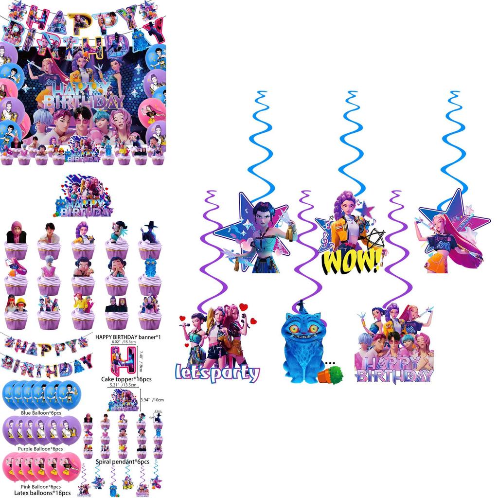 Kpop Demon Hunters Birthday Party Banner Decoration Set With Balloons And Background For Anime Fans