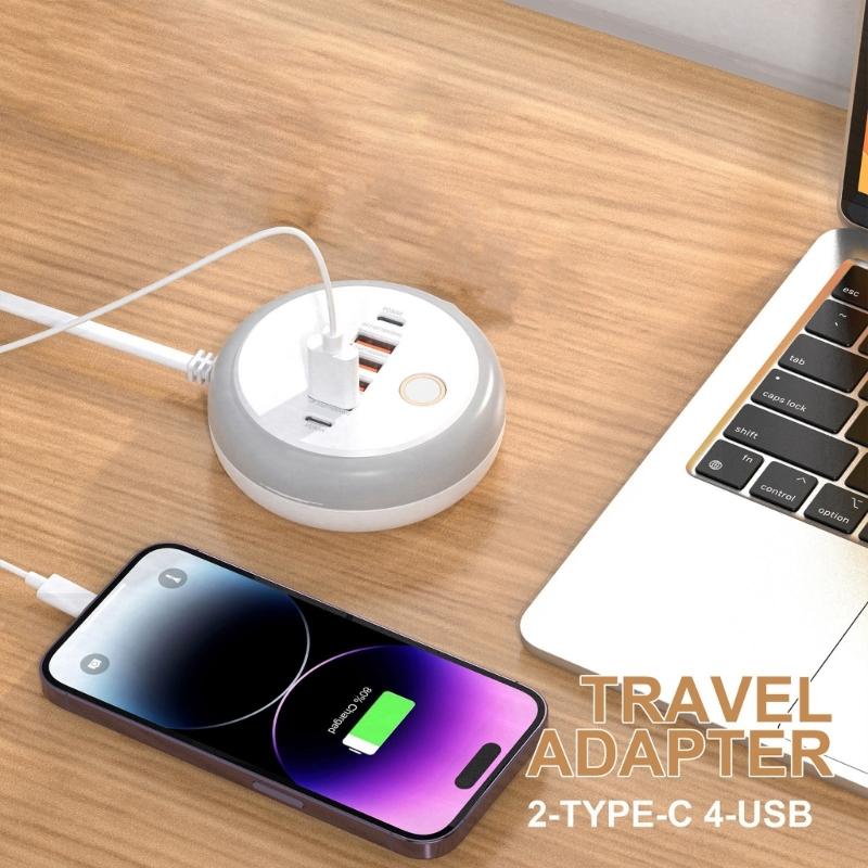 Simultaneous 6 Device Charging Adapter With 2 Type C Port Quick Charge 4 USB Port Auto Current Detection Space Saving