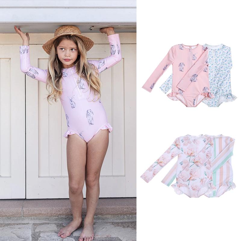 

2025 Summer Baby Girl Long Sleeve Ruffle Swimsuit with Sun Protection 110 cm