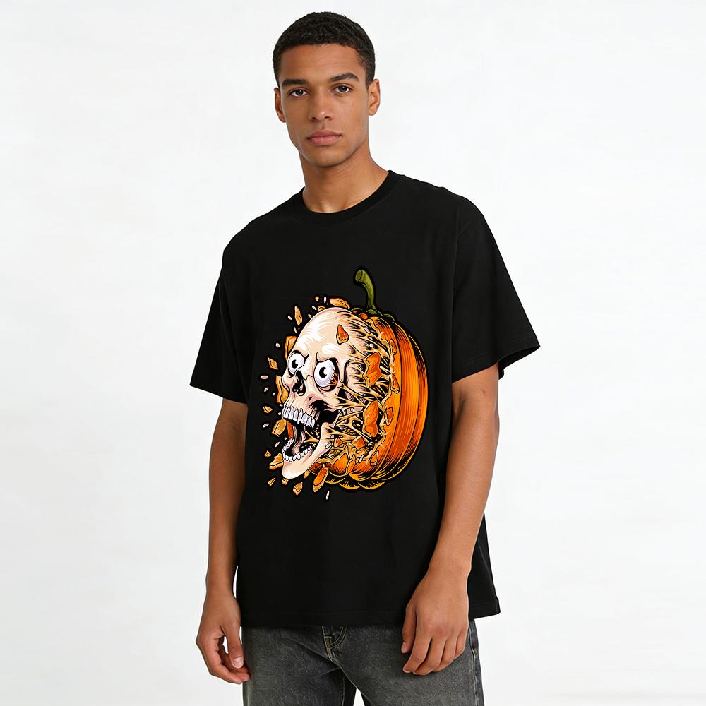 Halloween Skull Breaking Pumpkin Print Casual T-Shirt Pure Cotton T-shirt