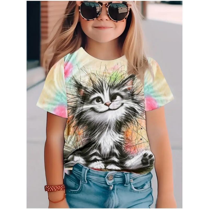 Three Little Flower Cats 3D Digital Print Round Neck Short Sleeve T-Shirt for Boys and Girls, Breathable and Comfortable M029