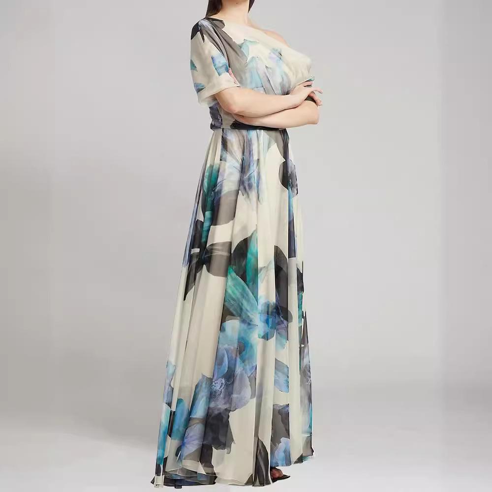 Vestido de gasa bohemio europeo y americano con un hombro descubierto