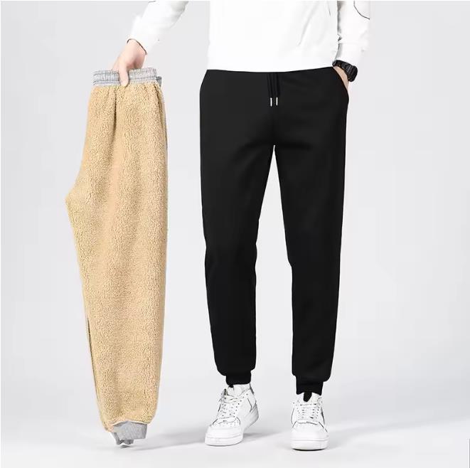Pants for men in autumn and winter, thickened with fleece for outerwear, casual pants, warm lamb wool sports sweatpants