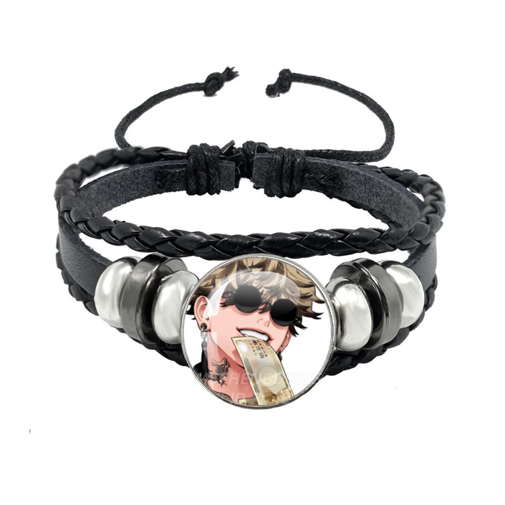 Manga Gokurakugai Cartoon Character Glass Cabochon Black Leather Bangle Bracelet Jewelry Charm Fans Gift MS013
