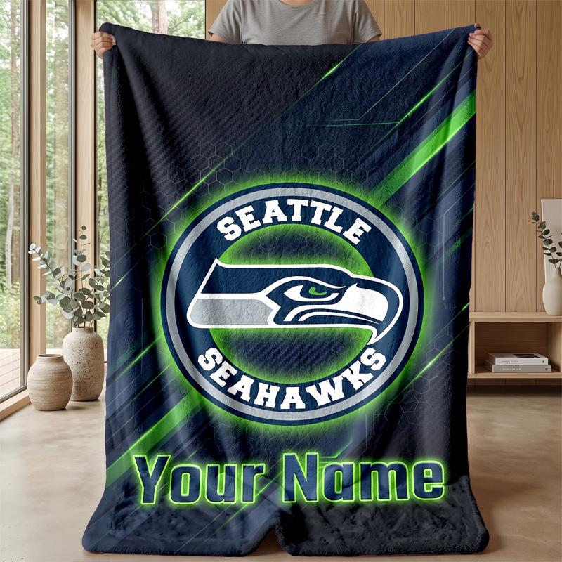 Seattle Seahawks Custom Flannel Throw Blanket Print Your Name Text Soft Warm Blanket Holiday Present