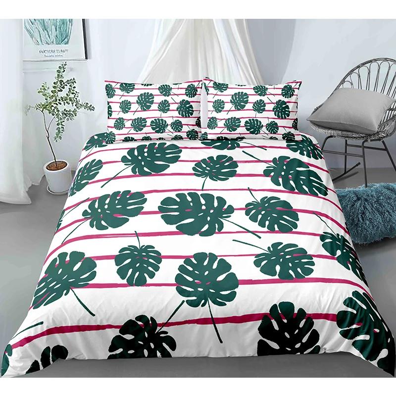 Tropical Botanical Leaves King Queen Duvet Cover Green Palm Leaves Polyester Bedding Set for Kids Teens Adults with Pillowcase