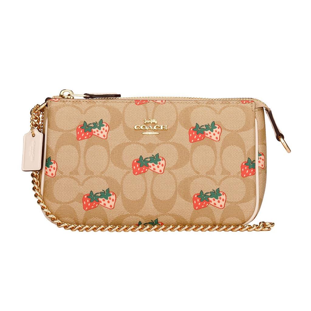 Coach Wristlet 19 Strawberry Print Leather Mahjong Bag Shoulder Crossbody Chain Clutch Women Wristlet Khaki 691-IME7V