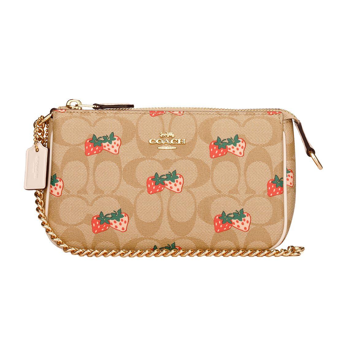 Coach Wristlet 19 Strawberry Print Leather Mahjong Bag Shoulder Crossbody Chain Clutch Women wristlet Khaki 691-IME7V Basic Set (Bag+Dust Bag)