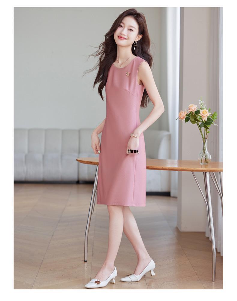 2024 Autumn French Minimalist Sleeveless Vest Dress - Professional OL Style, Round Neck, Versatile Solid Color Dress