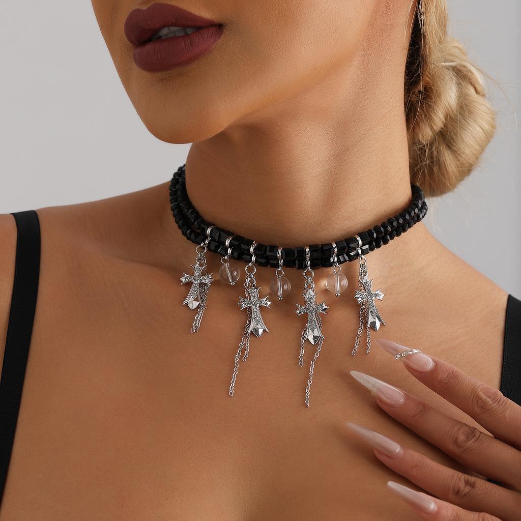 Jewelry Diamond Cross Glass Ball Fringed Collarbone Chain Neck Chain Sweet Cool Babes Wind Necklace