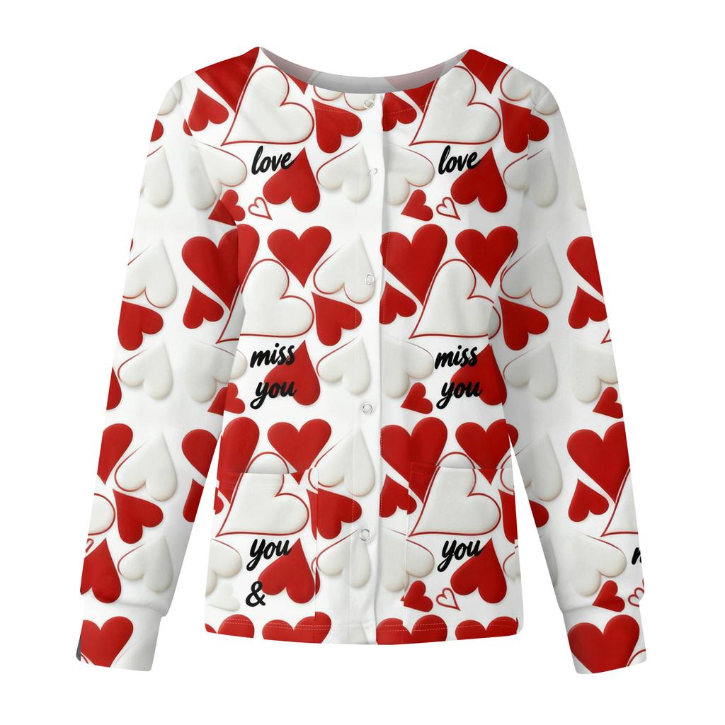 Women's Casual Fashion Long Sleeve Standing Collar Single Breasted Valentine's Day Print Workwear Jacket Tops