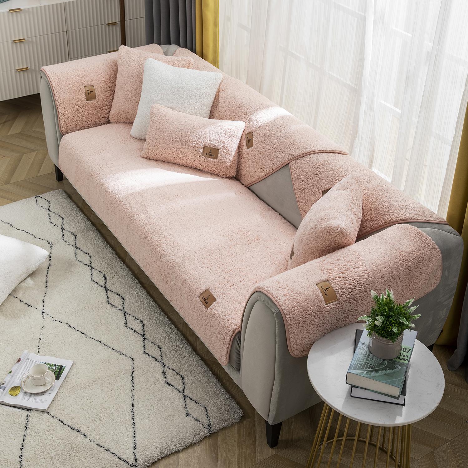 

Современный однотонный зимний диван-полотенце из овечьей шерсти, утолщенные плюшевые, мягкие и гладкие чехлы для диванов для гостиной, противоскользящий чехол для дивана 1xpillowcase 45x45cm розовый