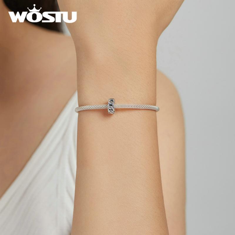WOSTU Shiny Rhinestone Retro Pattern 925 Sterling Silver Chain Clip Beads Fit Original Bracelet Bangle DIY Fine Jewelry
