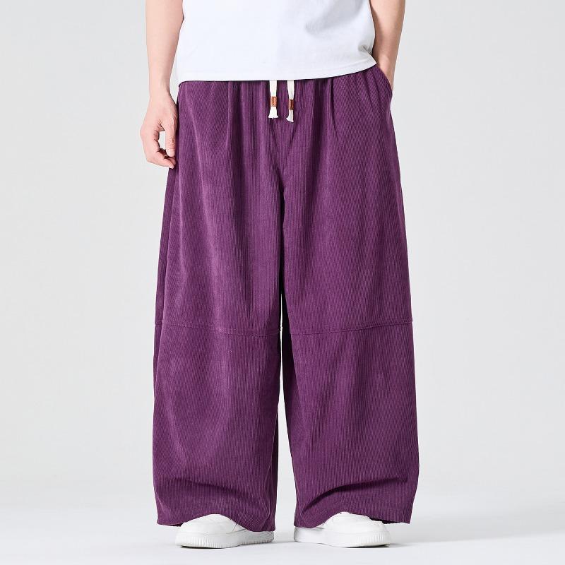 

Men s Black Corduroy Wide Leg Pants Drawstring Waist Casual Baggy Trousers M фиолетовый