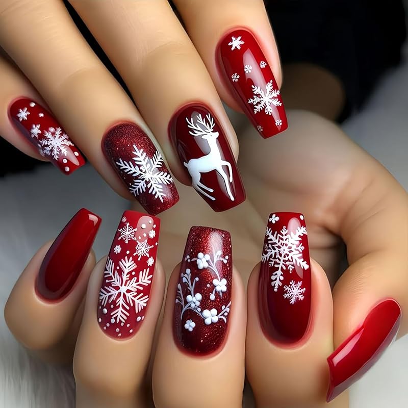 Snowflake Press on Nails Christmas Long Square Fake Nails Winter Snowman Acrylic Glue on Nail Glossy Xmas Stick on Nail for Women