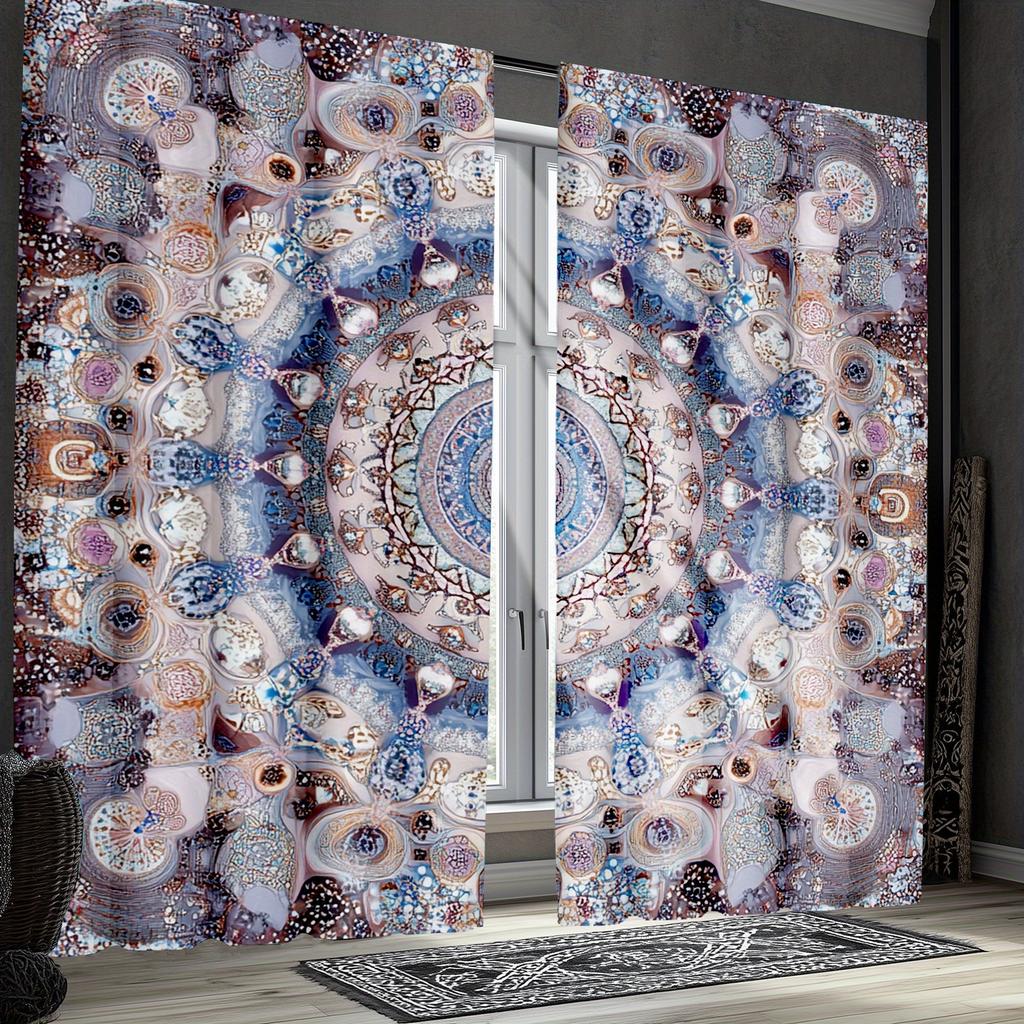 2pcs Bohemian Mandala Curtains - Purple Abstract Floral Design, Semi-Sheer Polyester Drapes for Bedroom & Living Room Decor, Mac